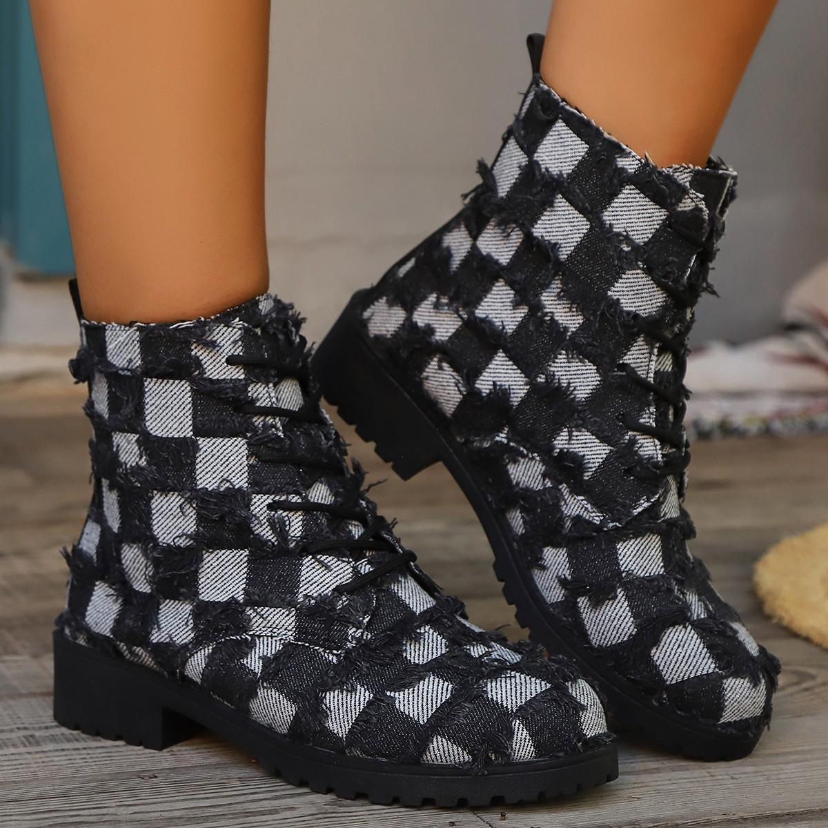 

Large size new women s shoes front lace-up square heel Martin boots women s fashion street style mid-tube shoes 42