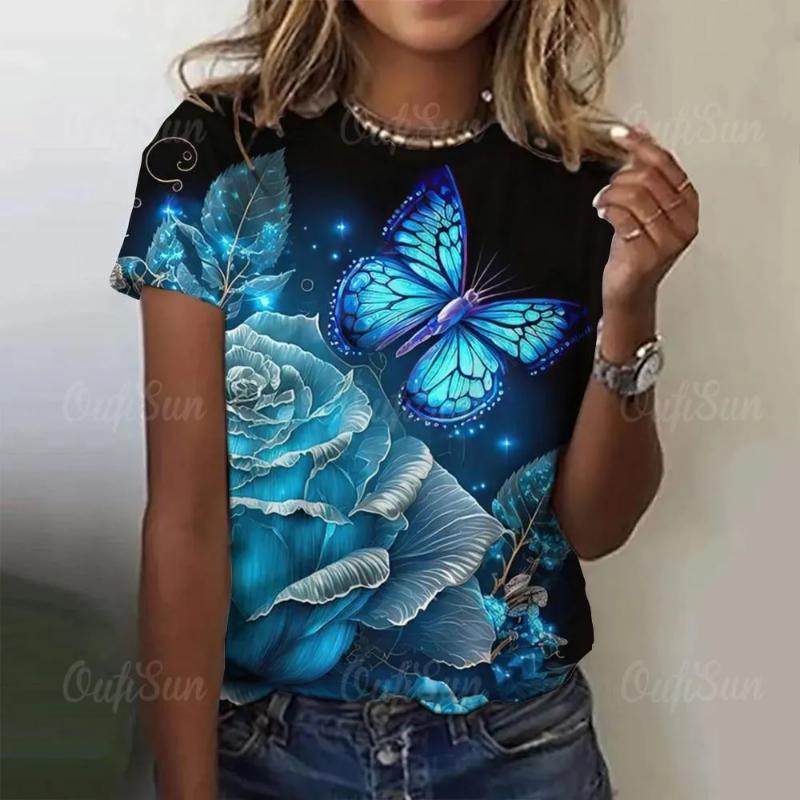 Fashion Women's Crew Neck T-Shirt 3D Flower Color Printing Crew Neck Short Sleeve