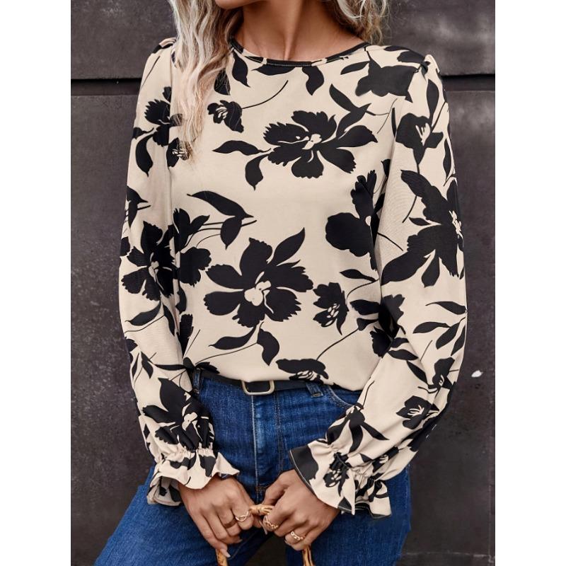 JKASHDK Women's Fashion Casual Spring Autumn Flower Pattern Print Long Sleeve O-Neck Blouses & Shirts