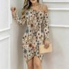 Women Plus Size Asymmetric Cold Shoulder Beige Retro Autumn Floral Print Wrap Bodycon Midi Dress
