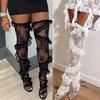 Flower Pattern See Through Lace Thigh High Stockings for Women Over Knee Long Socks with Twill Ruffle Trim Patchwork