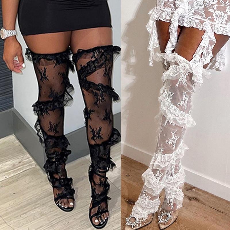 Flower Pattern See Through Lace Thigh High Stockings for Women Over Knee Long Socks with Twill Ruffle Trim Patchwork