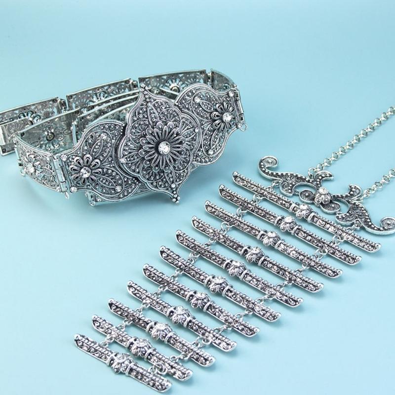Waist Belt and Chest Jewelry Set for Women, Ornate Filigree Zinc Alloy Costume Accessories for Stage and Ceremony