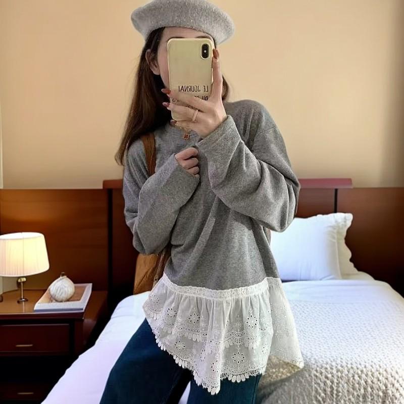 Women s Plus Size Lace Long Sleeve Fleece Top for Autumn and Winter XL for 110-130 jin 2250₽