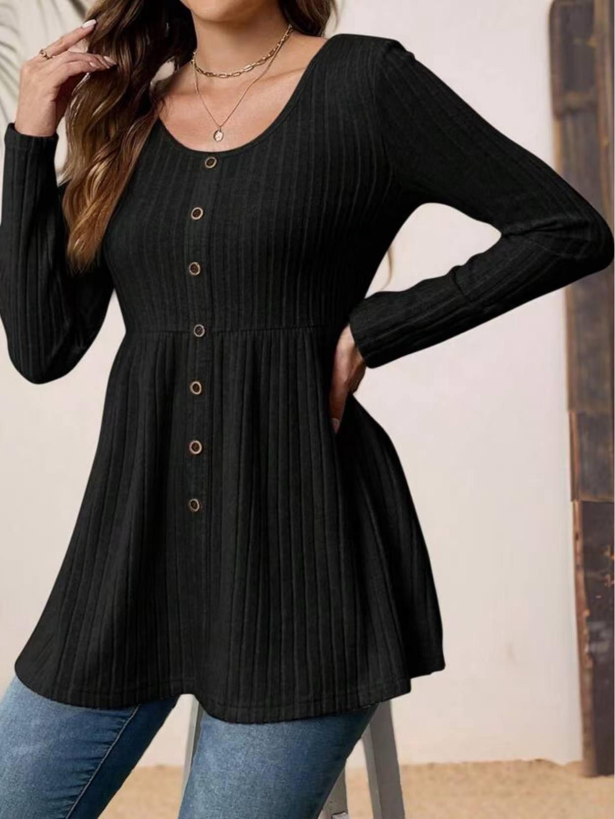 

European & American Autumn/Winter Women’s Solid Color Ribbed Long-Sleeve Single-Breasted Top Small чорний