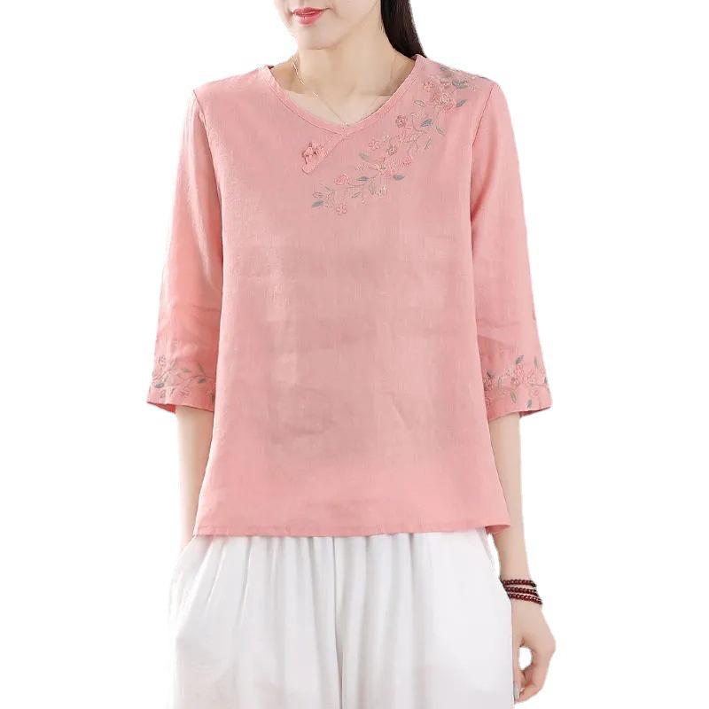 Ethnic Style Cotton-Linen Embroidered T-Shirt: Artistic Retro, Buttoned, Round Neck, Short Sleeve, Summer Loose Fit for Women