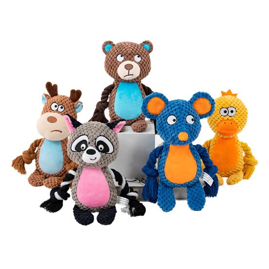 Plyšová pískací hračka pro psy, plyšové zvířátko, měkká plyšová zvířátka s lanovými nohami, hračka na prořezávání zubů pro štěňata, pro agresivní hlodavce