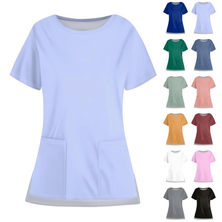Casual Protective Top Work Uniform Open Hem Pocket Neck Round Solid Color for Women