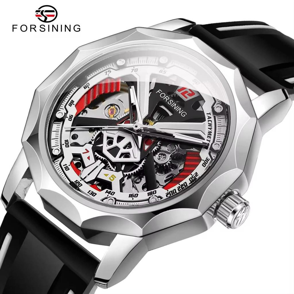 FORSINING Mens Watches Hand-winding Mechanical Skeleton Watch for Men Hollow Out Rubber Strap Waterproof Luminous Mens Wristwatch