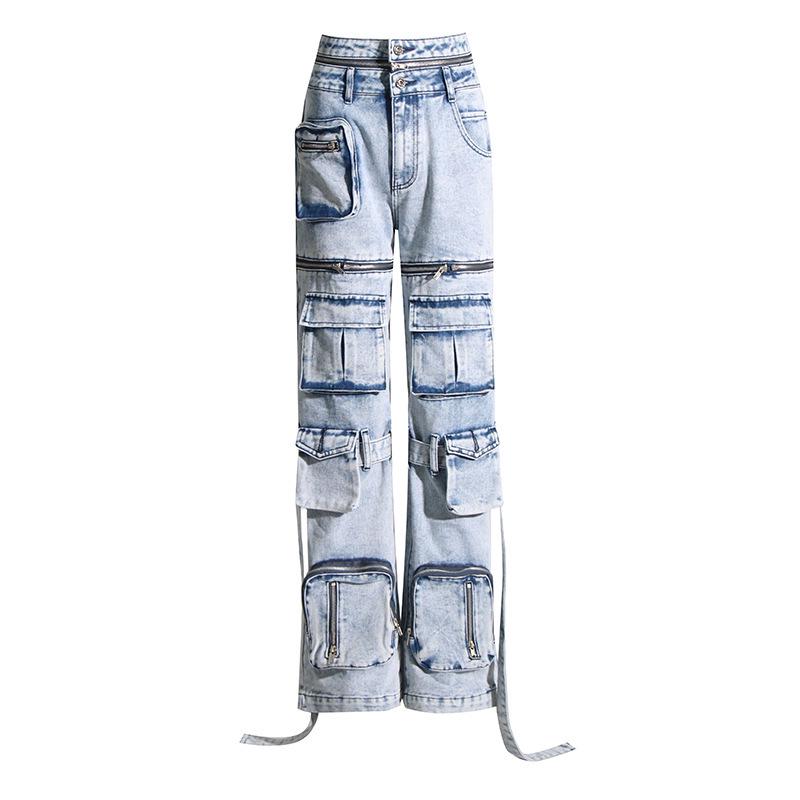 2026 Spring Women s Retro Multi-Pocket Long Jeans with Detachable Zipper, Side Waist Cut-out Small