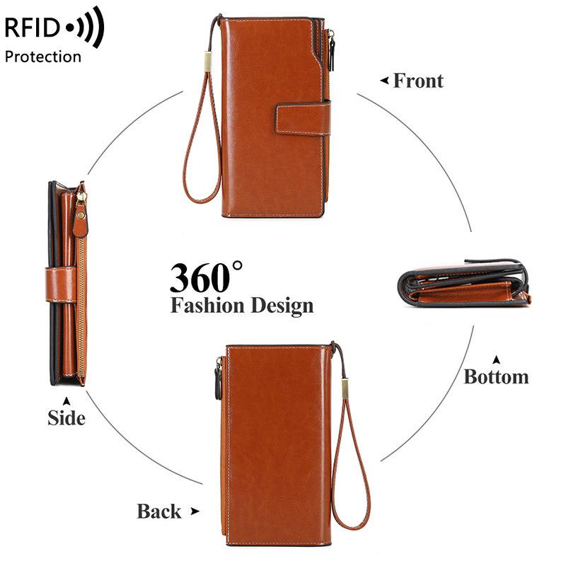 Women PU Leather Long Wallets RFID Antitheft Clutch Zipper Coin Pocket Oil Wax Retro Wallet High Quality Female Card Holder Coin Purse