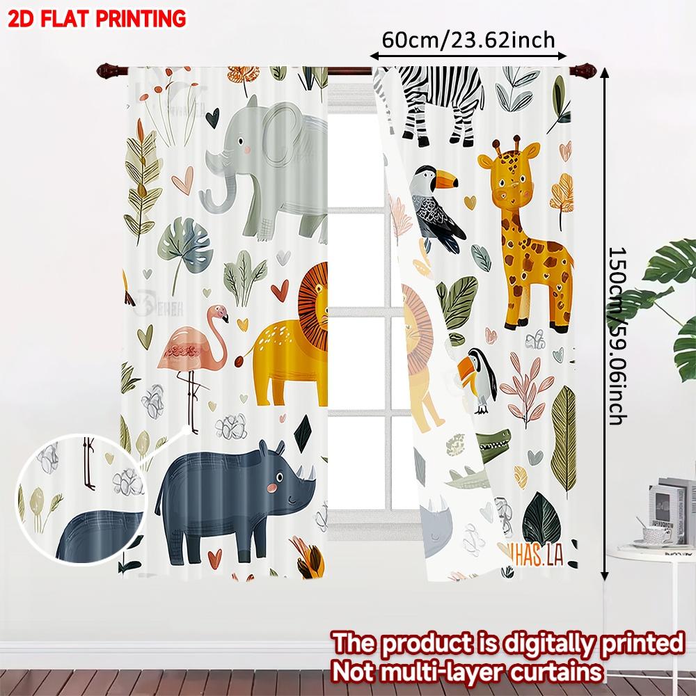 Set Of 2 Cartoon Animal Curtains Elephant Giraffe Lion Hippo Flamingo Toucan Crocodile Leaves Hearts Kids Room Decor Curtain Polyester Ideal For
