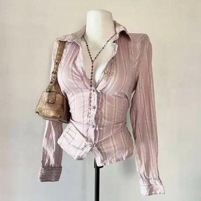 2KWEIRD Stripes Hot Girl Maiden Classic Pink Y2K Fashion Woman's Clothing Casual Shirts Harajuku Long Sleeve Vintage Chic Classic Tops