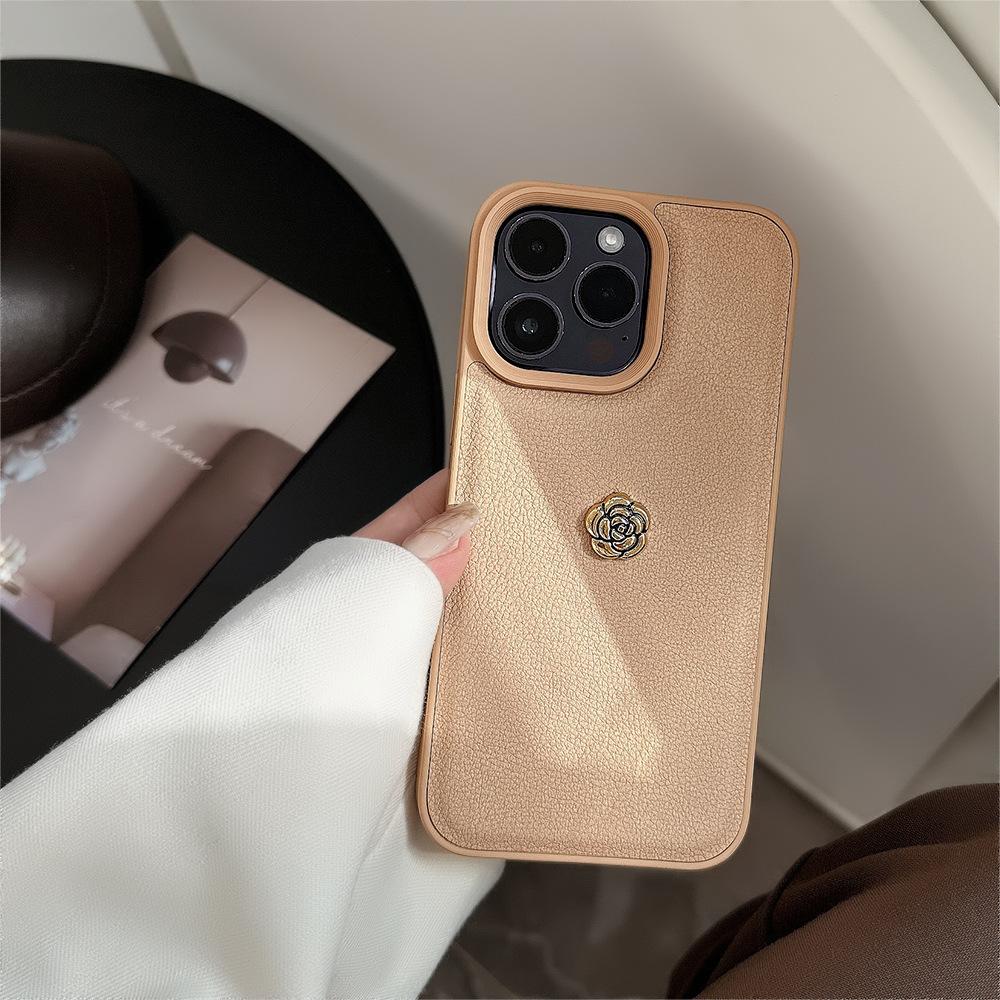 Light Luxury Camellia for Apple 16 Mobile Phone Case for IPhone17promax Solid Color Lychee Pattern 11 Autumn and Winter