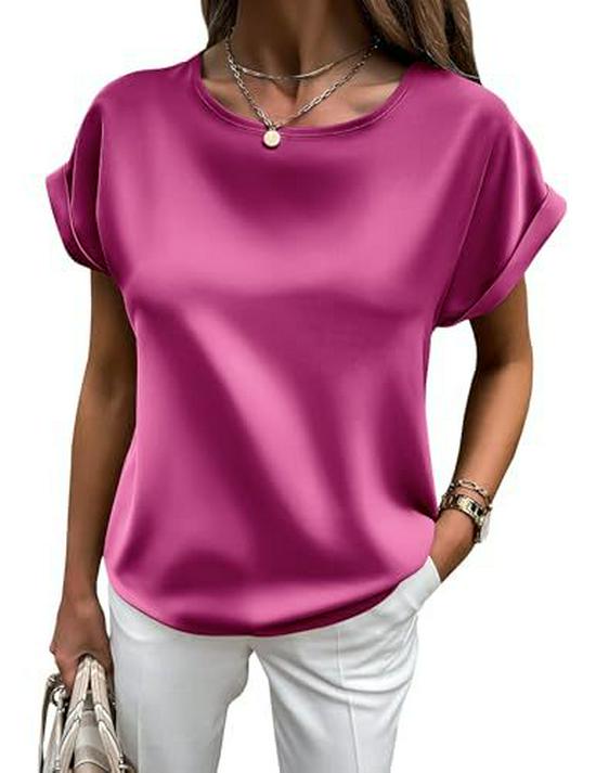 

2025 Fashionable European & American Summer Satin Round Neck T-shirt - Women s Loose Fit, Elegant and Stylish S рожевий червоний колір