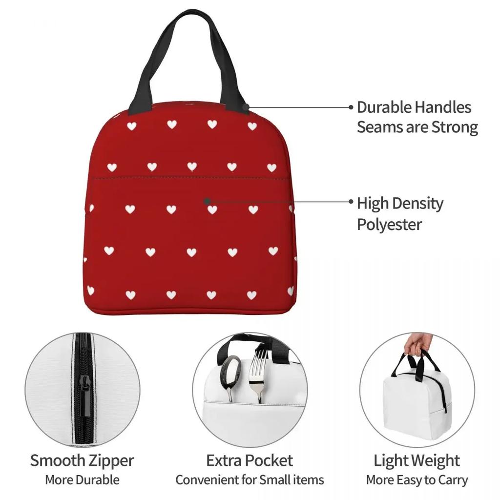 White Hearts Pattern On Red Background Lunch Bags Portable Insulated Cooler Thermal Picnic Travel Lunch Box for Women Children