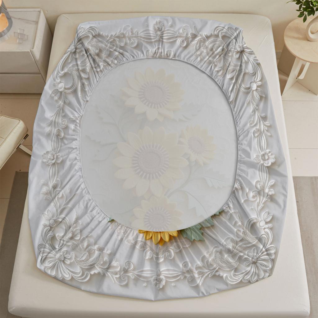 Sunflower Embroidered Fitted Sheet Set White Sunflower Floral Pattern Bedding With Pillowcases For Bedroom