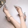 Fashion Pointy Transparent Sandals 2024 New Summer Leather Net Red With A Line With Rhinodrill High Heels Female Stiletto Bun Head