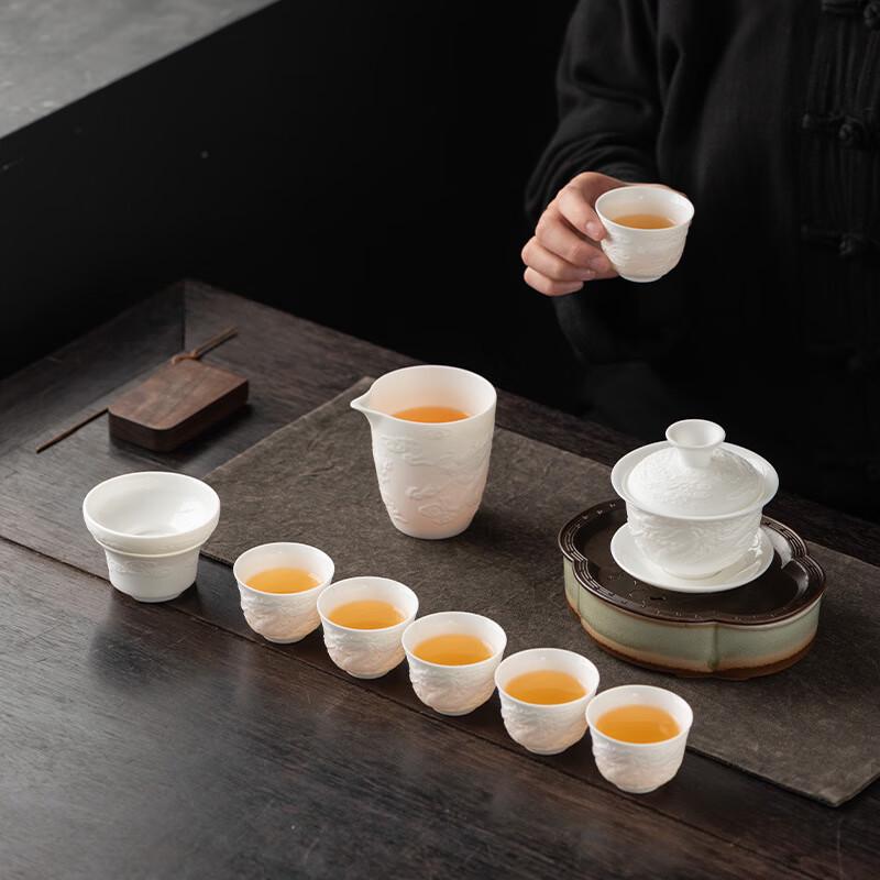 Jade-Inspired Embossed Dragon Ceramic Tea Set