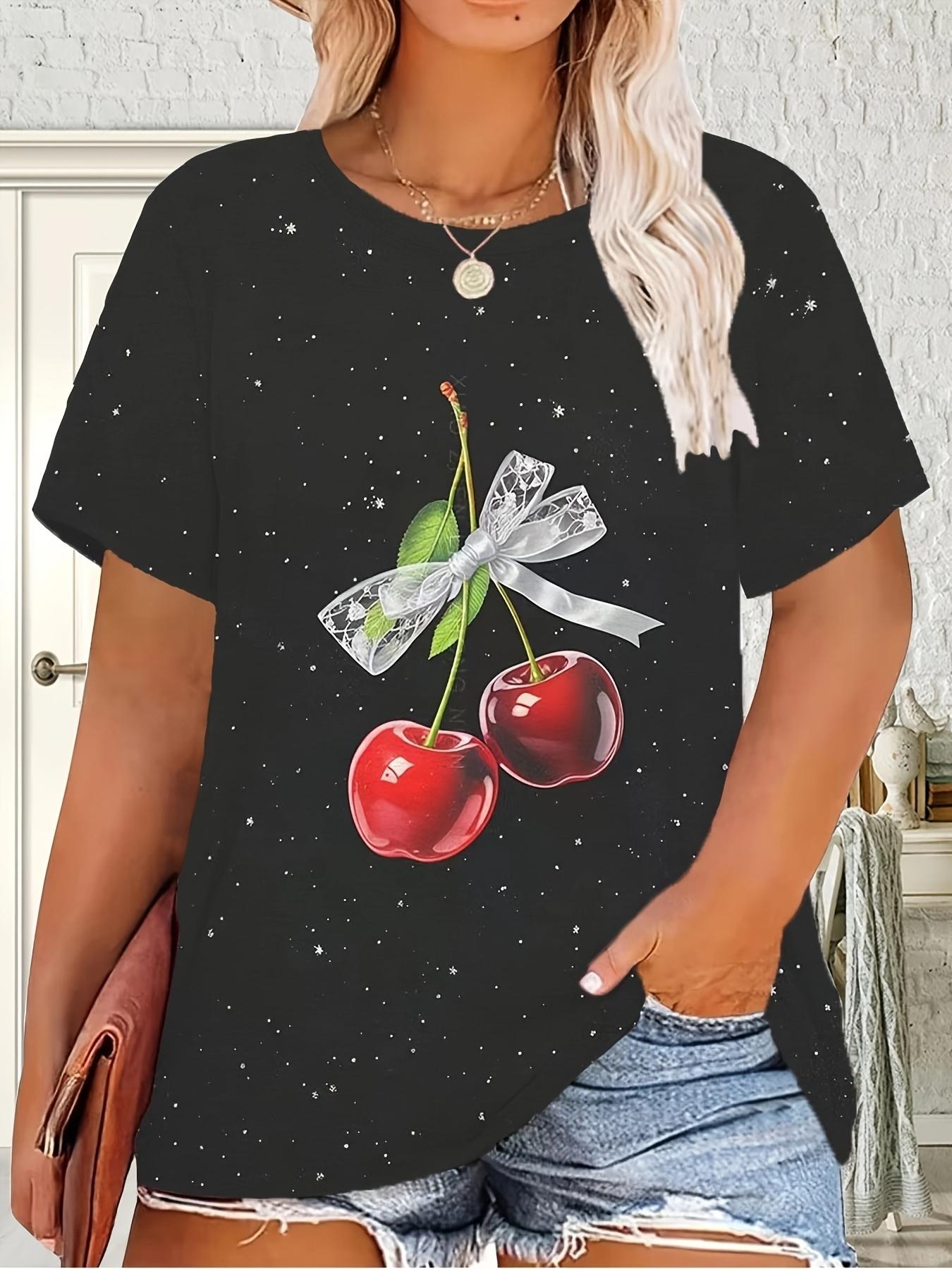 

Women s Cherry Print T-Shirt - Soft Stretchy Breathable Fabric Oversized Round Neck Short Sleeve Blouse-Compatible Top All-Over Small Cherry Pattern 2XL дубильная кора