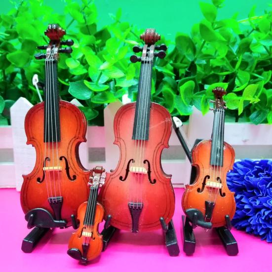 Wooden Mini Violin Model with Stand Playable Tiny Violin Figurine Miniature Musical Instrument Ornament Home Office Desktop Decoration