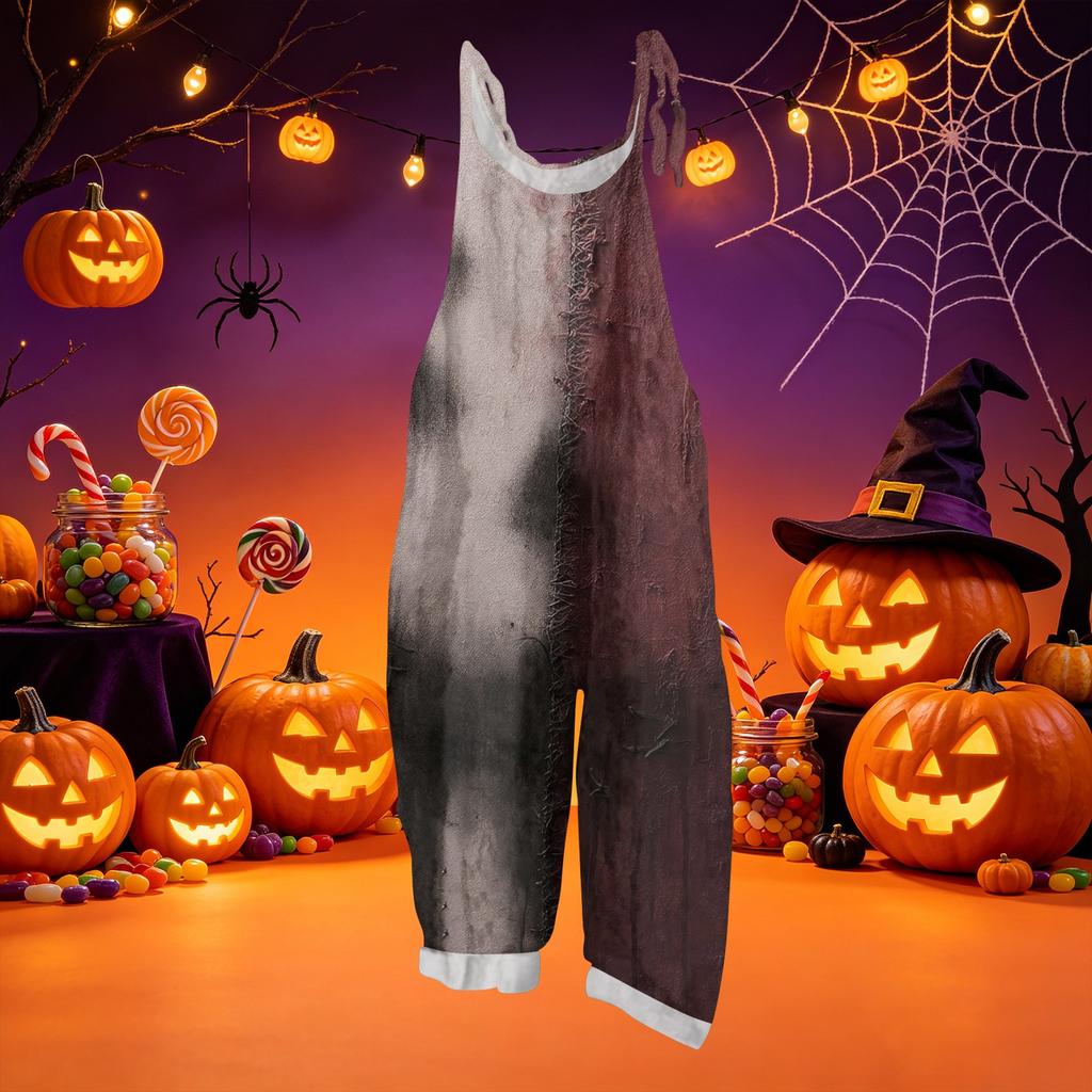 Loose Fit Halloween Print Cotton Linen Overalls Casual Vintage Style Sleeveless Jumpsuit Adjustable Shoulder Straps