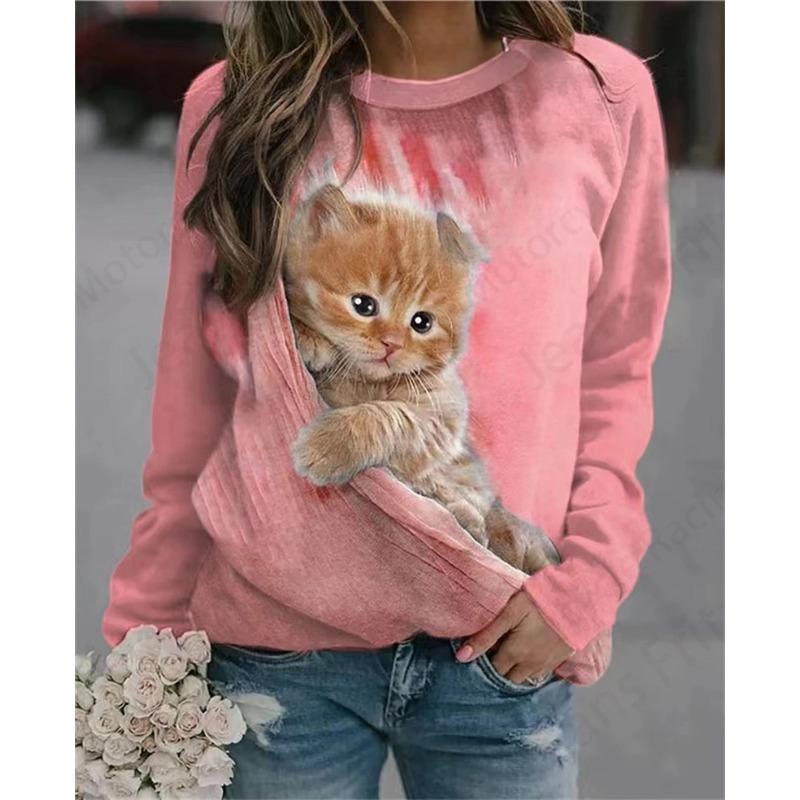Autumn Long Sleeved Shirt Loose Casual Women's T-shirt Cute Cat Dog Print Fashionable Daily Comfortable Commuting T-shirt