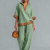 Women's Cotton Linen Two Piece Set Half Zip V Neck Top Wide Leg Pants Contrast Trim Outfit