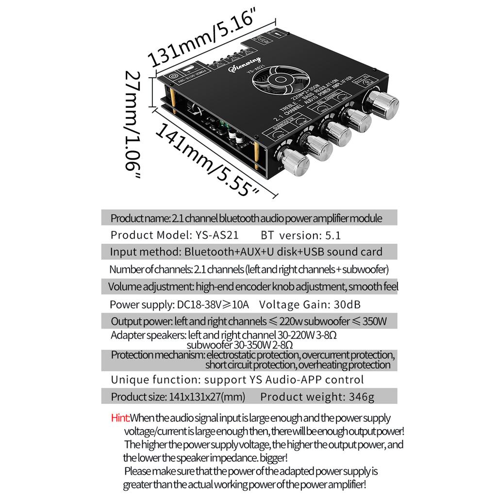 YS-AS21 2x220W+350W 2.1 Channel Digital Power Amplifier Board TPA3255 Subwoofer