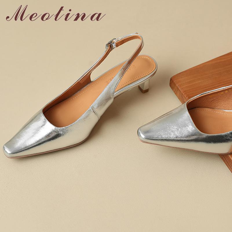 

Meotina/женские туфли-лодочки из натуральной кожи с босоножками с квадратным носком на тонком среднем каблуке с пряжкой, женская модная карьерная обувь, летняя серебристая обувь 40