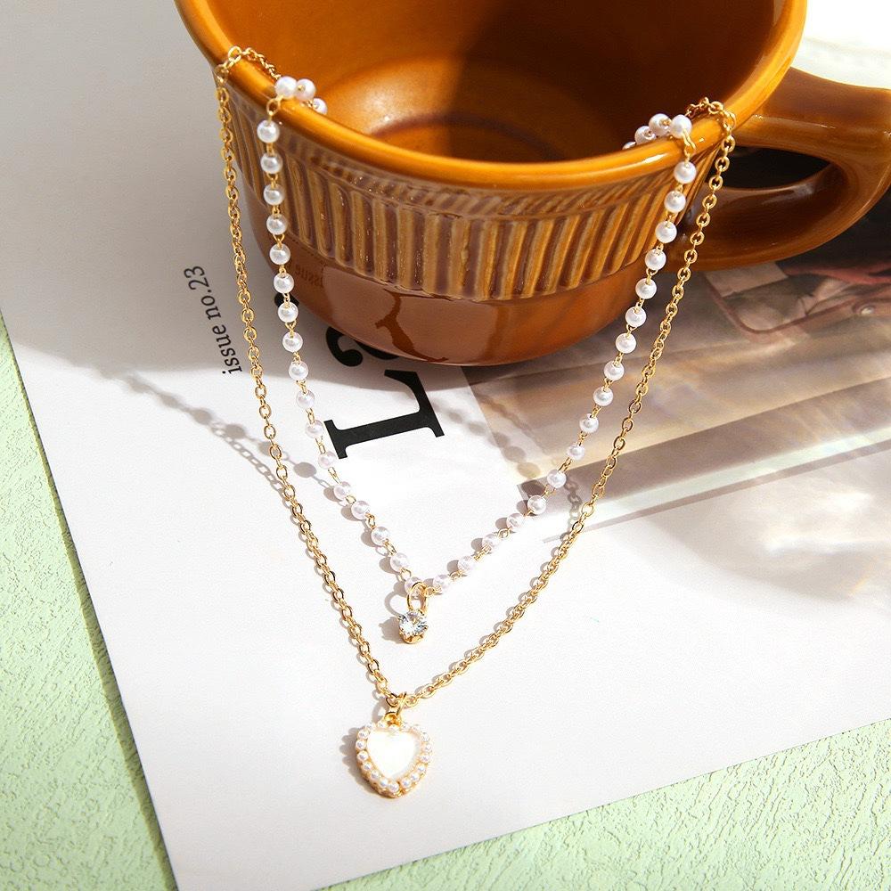 Pearl Love Double-layer Necklace Women's New Niche Design Simple and Versatile Fashion Collarbone Chain Accessories