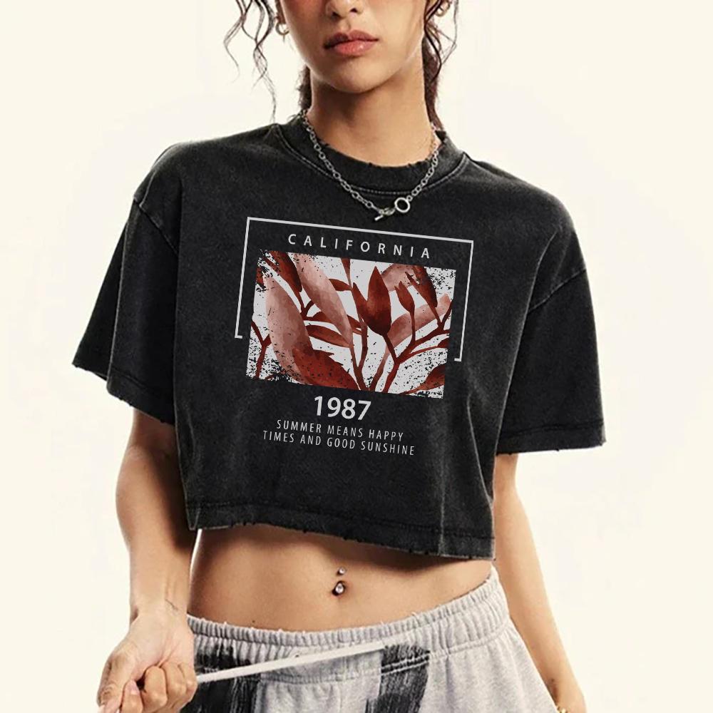 California 1987 Flowers Printed Washed Crop T-Shirt Womens Retro Crewneck Short Sleeve Fashion Clothes Summer Fitness Top