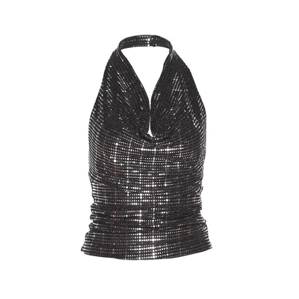 

Backless Glitter Tank Top Vest Sling Glitter Hanging Neck Top Sweet Spicy Slim Camisole Lady L чёрный