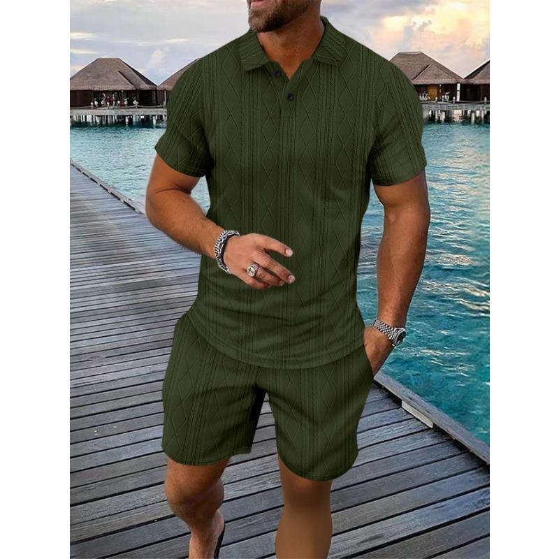 Men Casual Summer Turn Down Collar Short Sleeve Jacquard Polo Shirt And Shorts Set