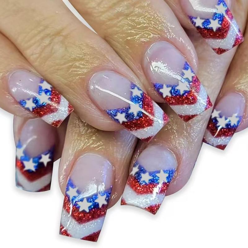 Independence Day Press on Nail French Tips Fake Nail 4th of July Patriotic False Nail Full Cover Design Acrylic Nail