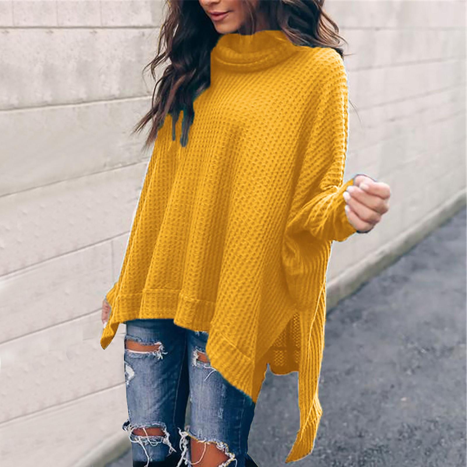 

Women s And Winter Loose Solid Color Irregular Hem Stitching Long-sleeved Pile Collar Knit Sweater Top M жёлтый