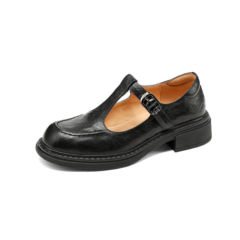 Krazing Pot Sheepskin Round Toe Size 42 Thick Med Heels Slip on Platform Gladiator Metal Buckle Autumn Pumps