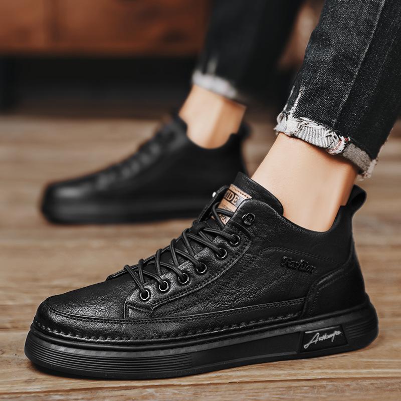 Four Seasons Casual Leather Shoes Solid Color All Black Zhongbang Flat Shoes Non-slip and dirt-resistant labor insurance shoes