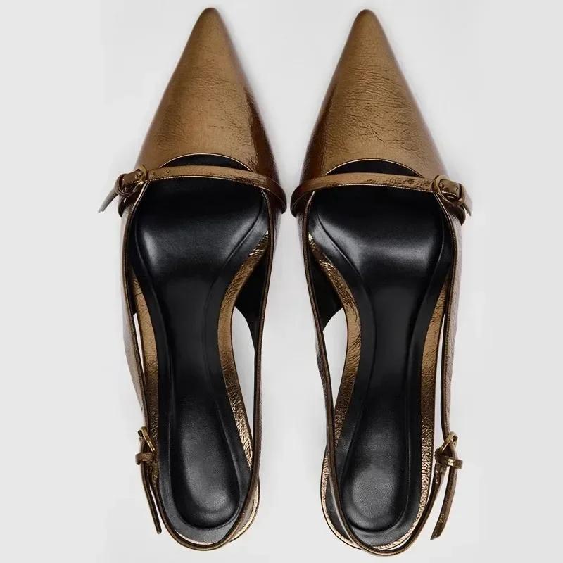 Fashion Elegant Kitten Heel Sandals Women Sexy Pointed Toe Gold Copper Heels Luxury Buckle women Pumps Low Heel Slingback Mules Sandal