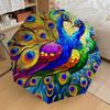 Colorful Peacock Feather Design Automatic Opening/Closing Umbrella with Convenient Three-Fold Design, 8-Bone Iron Frame Outdoor Umbrella, Pe