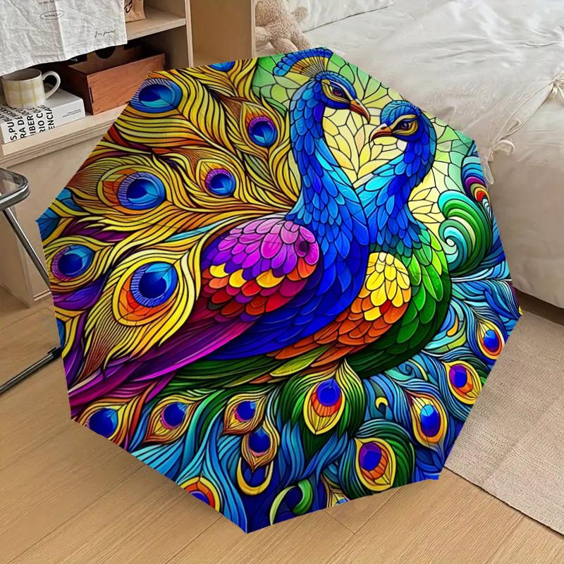 Colorful Peacock Feather Design Automatic Opening/Closing Umbrella with Convenient Three-Fold Design, 8-Bone Iron Frame Outdoor Umbrella, Pe