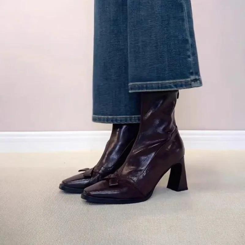 

Fashion Bow High Heels Women Ankle Boots Elegant Pointed Toe Heeled Shoes 2025 Fashion Pumps Gothic Boots New Trend Leather Mujer Botas 35 коричневый