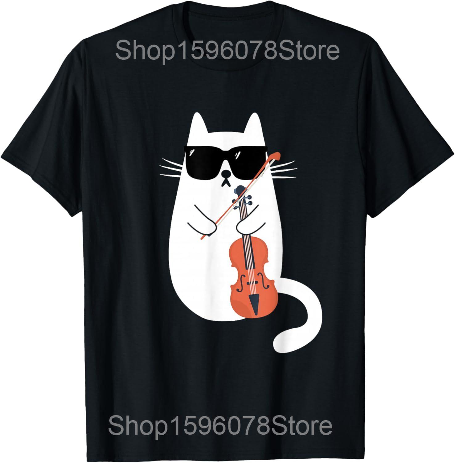 

Funny Cat Wearing Sunglasses Playing Violin Musician T Shirts Men Streetwear Tee Shirt Short Sleeve Unisex Loose Clothing 4XL