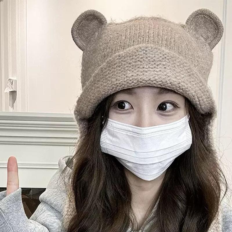 

2025 Осень И Зима Новая Шерстяная Шапка Женская Милая Шапка-Ушанка с Медвежонком Велосипедная Теплая Вязаная Шапка-Шарф для Шеи Все-в-Одном Альпинистский Шарф хаки