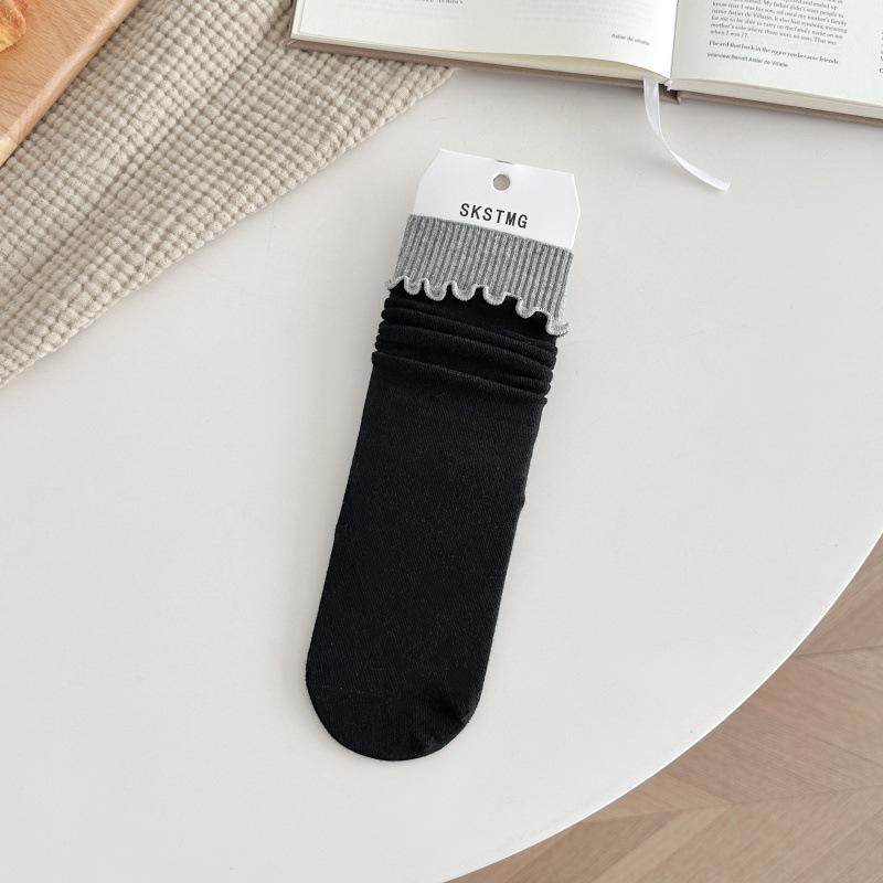 Color-Block Ruffle Crew Socks for Women, Spring/Autumn Absorbent Cotton, Japanese Trendy Loose Fit