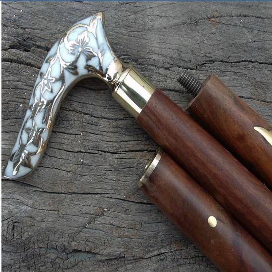 Antique Brass Flower Leaf Solid White Style Vintage Black Wooden Walking Stick Cane Gift for Men and Women