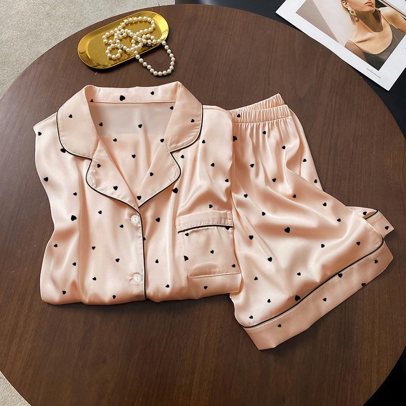 Pigiama Estivo Stampato Dolce Amore Donna Seta Ghiacciata Seta Sottile Manica Corta Comodo e Traspirante Set Loungewear