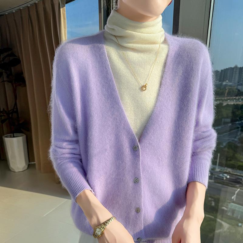 Autumn & Winter V-Neck Mink Velvet Women's Knit Cardigan - Loose, Slimming, Marled Yarn Sweater Top, Fashionable Outerwear
