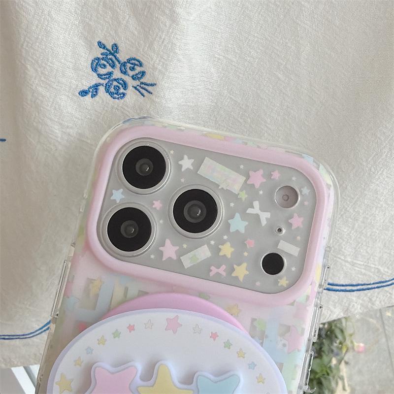 Korean-Style Colorful Plaid Star Magnetic Stand Case for iPhone 17 Pro Max/16 Pro/15 Pro