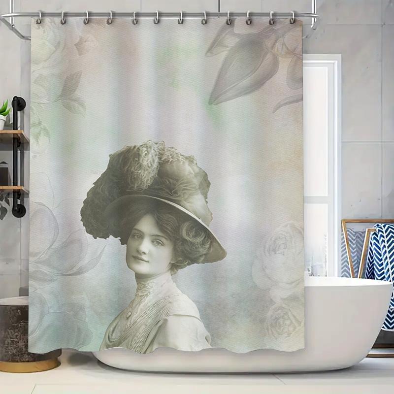 Elegant Vintage Bath Shower Curtain Cream Floral Victorian Woman Design Printed Polyester Waterproof Bathroom Liner With Hook Ri